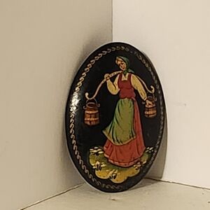 Hand-Painted Oval Russian Pin- Folk Woman Motif